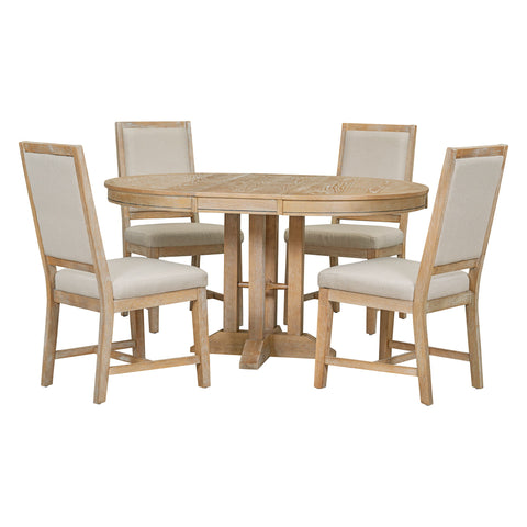 5 Piece Dining Set With Extendable Round Table And Upholstered Chairs