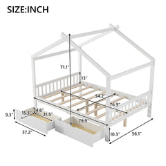 House Style Platform Bed With Headboard, Footboard, 2 Drawers, And Roof Design