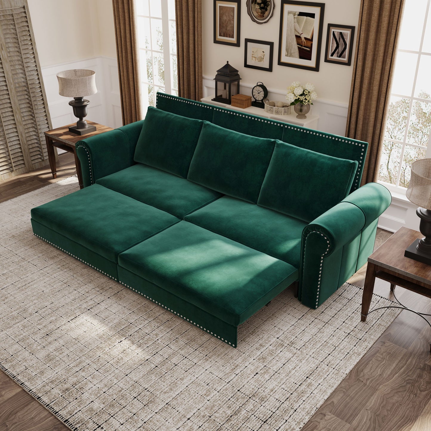 3 In 1 Convertible Sleeper Sofa With Nailhead Trim & Rolled Arm