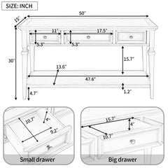 Classic Retro Style Console Table With 3 Top Drawers And Open Style Bottom Shelf - Antique White