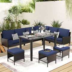 7 Piece Outdoor Furniture Set With Waterproof Cushions, Glass Table, And Space Saving Design - Blue