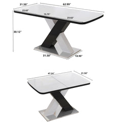 Rectangle Dining Table, Stretchable, Table Top With X Shape And Legs And Base - White / Black