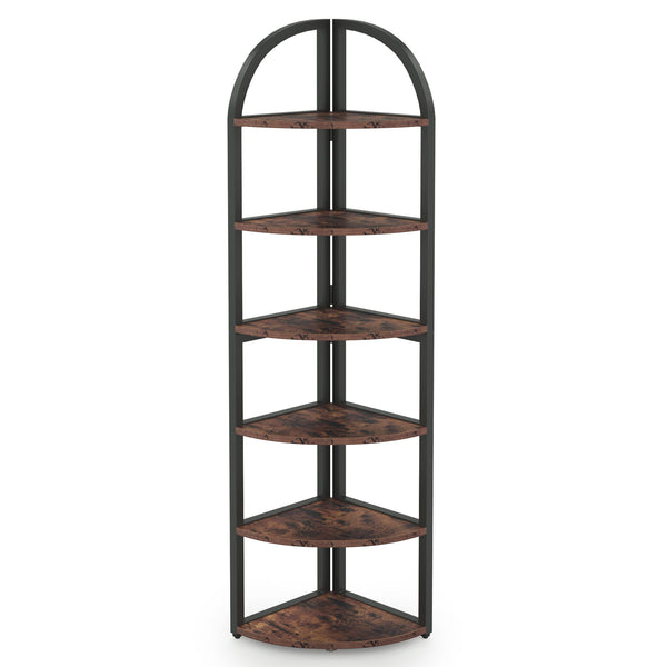 Tall 6 Tier Corner Shelf, Freestanding Bookshelf For Living Room - Rustic Brown