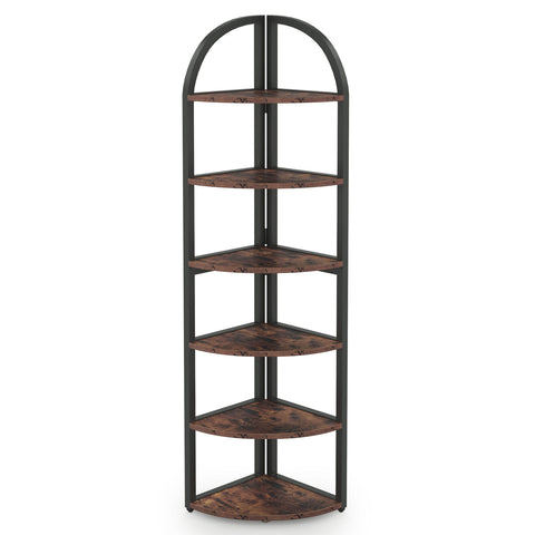 Tall 6 Tier Corner Shelf, Freestanding Bookshelf For Living Room - Rustic Brown