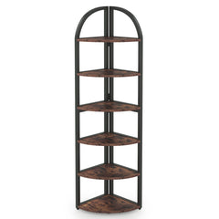 Tall 6 Tier Corner Shelf, Freestanding Bookshelf For Living Room - Rustic Brown
