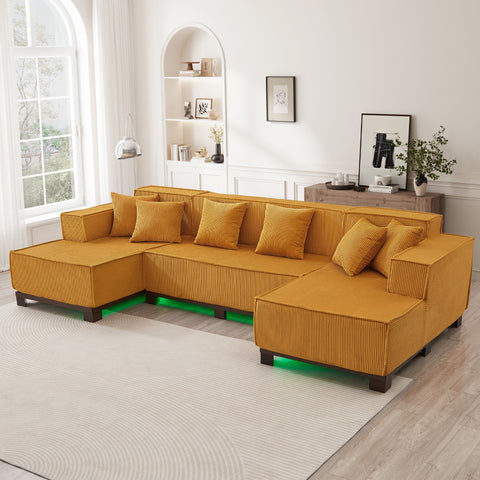 U-Shaped Sectional Sofa With RGB LED Light Strip And 6 Pillows