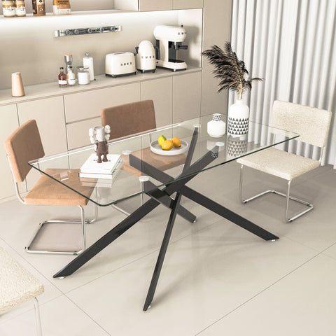 Stylish Design Rectangular Clear Tempered Glass Dining Table With Metal Legs