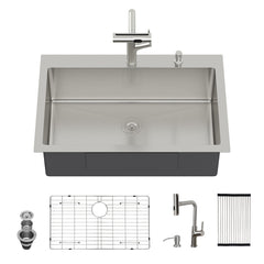 30" Single Bowl Drop In Kitchen Sink With Pull Out Faucet And Soap Dispenser - Brushed Nickel