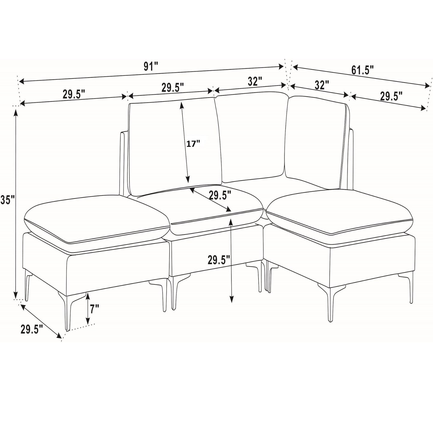 Upholstered Modular Sectional With Tall Legs, Medium Firm Seat
