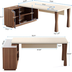 L-Shaped Executive Desk With Storage Cabinet, Home Office Workstation With Shelves - White / Walnut