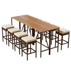 Outdoor Acacia Wood Bar Height Table And Eight Stools With Cushions