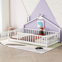 House-Shaped Bedside Floor Bed With Guardrails, Slats, With Door