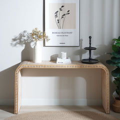 Console Table With Wood Beads Curved Waterfall Style Table - Antique Natural / Natural / Rustic / Natural / White