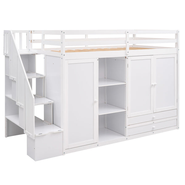 Loft Bed With 3 Shelves, 2 Wardrobes, 2 Drawers, Ladder Storage