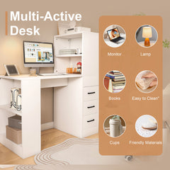 Modern Computer Desk With Built In Socket 3 Slide Drawers 4 Storage Levels - White