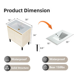 Bathroom Vanity With Ceramic Sink, Floor-Standing Design, Soft-Closing Drawers