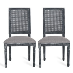 French Country Dining Chair With Rectangular Cane Backrest And Smooth Upholstered Seating