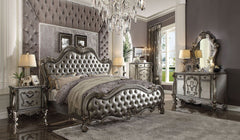 Versailles II - Queen Bed - Silver Synthetic Leather & Antique Platinum