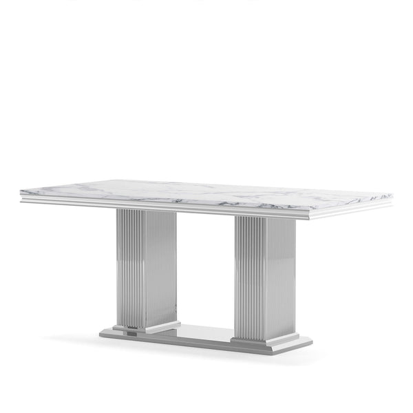 Marble Printed Top Rectangular Dining Table, Stainless Steel Base With Mirrored Finish
