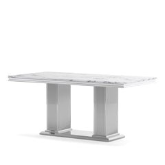 Marble Printed Top Rectangular Dining Table, Stainless Steel Base With Mirrored Finish