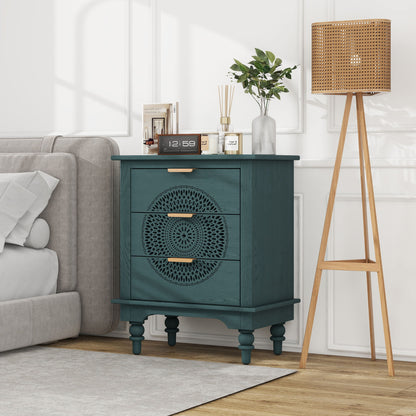 Hollow Carved 3 Drawer Dresser With Metal Handles, Storage Chest For Living Room Or Bedroom - Blackish Green