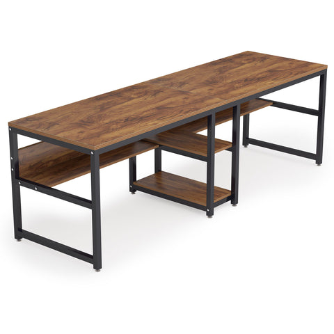 Double Desk For 2 With Bookshelves, 2 Person Workstation With Storage - Brown / Black