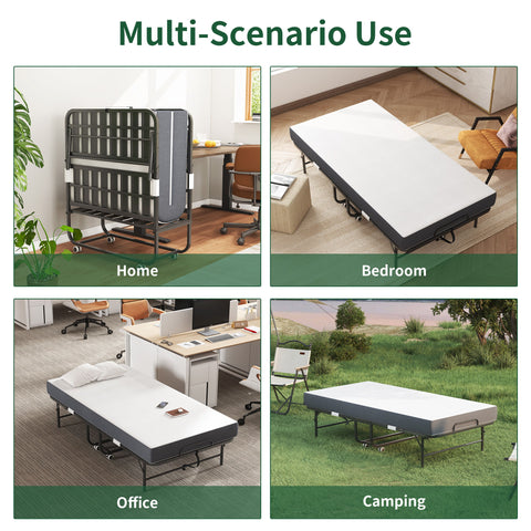 Twin Extra Long Folding Bed For Tall People, Heavy-Duty Rollaway Guest With Memory Foam Mattress - Black