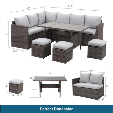 7 Piece All Weather Patio Dining Set With Cushions, Sectional Sofa, Ottomans & Table For Backyard - Gray / Brown