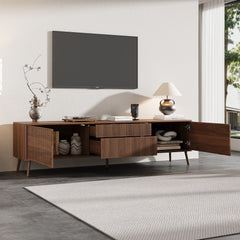 Fluted TV Stand With Storage Drawers And Cabinets For TVs Up To 80", Soft-Close Hinges, Cable Management - Walnut