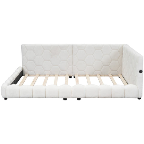 Upholstered Full Size Platform Bed With LED Belt And USB Ports - White