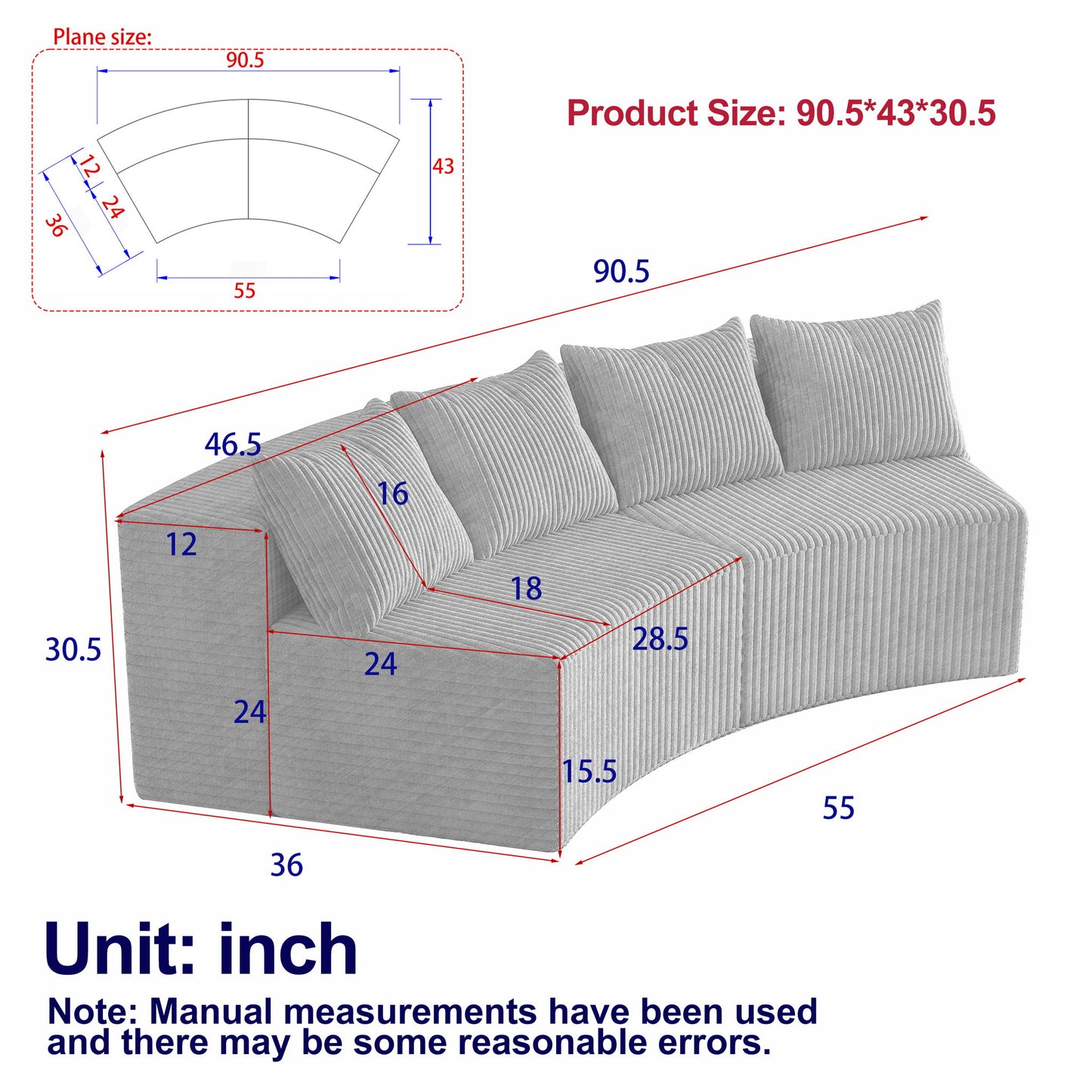 Curved Sectional Sofa With 4 Pillows, Modular Semi Circular Design