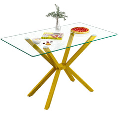 Rectangular Clear Tempered Glass Dining Table, Stylish Design With Plated Metal Legs