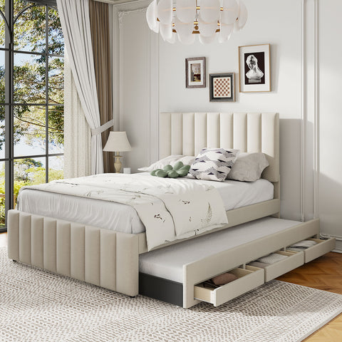 Upholstered Platform Bed With Twin Size Trundle And 3 Drawers