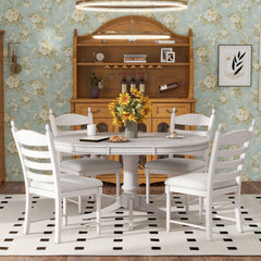 5 Piece Retro Functional Dining Table Set With Extendable Round Table And Upholstered Chairs