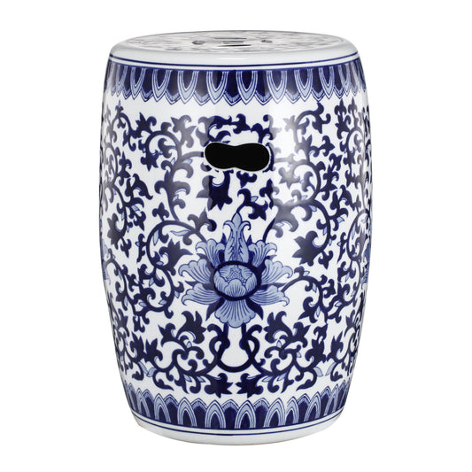 Ceramic Garden Stool, Small Side Tabel - White / Blue