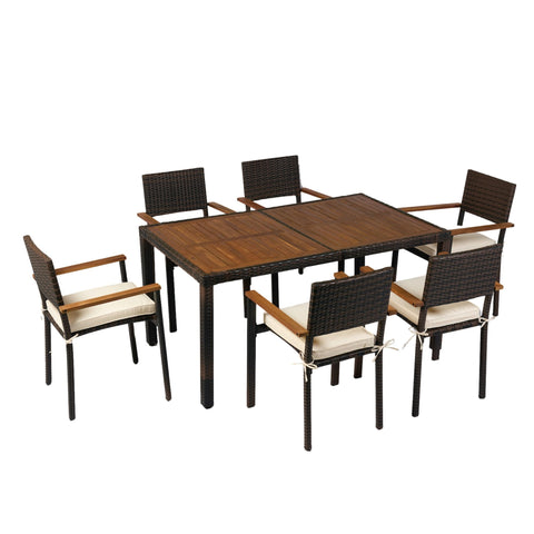 7 Piece Outdoor Patio Wicker Dining Set Patio Wicker Furniture Dining Set With Top - Brown / Cream