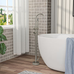 Freestanding Bathtub Faucet Floor Mount Tub Filler With Swivel Gooseneck Spout And Cylinder Handheld