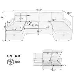 Convertible Sectional Sofa With Storage Chaise Lounges And USB Ports