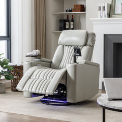 270° Power Swivel Recliner Home Theater Chair With Hidden Arm Storage, LED Light, Cup Holder, And Tray Table