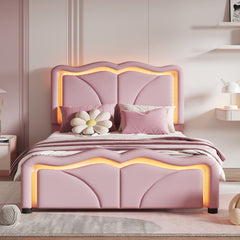 Upholstered Platform Bed & Curve Shaped And Height Adjustable Headboard, LED Light Strips