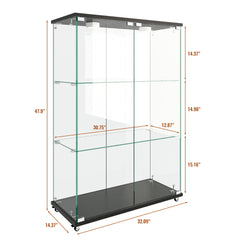 Modern Display Cabinet With LED Lights, Transparent Tempered Glass 2 Door Storage Case With 3 Shelves