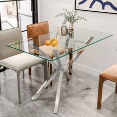 Rectangular Clear Tempered Glass Dining Table, Stylish Design With Plated Metal Legs