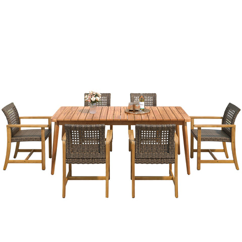 7 Piece Patio Dining Set, Slatted Table & 6 Chairs For Patio Garden - Mocha / Teak
