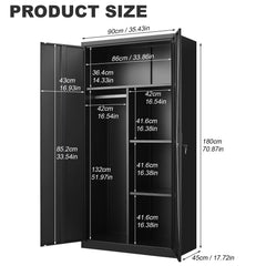 Metal Wardrobe Cabinet With Hanging Rod And Lock Adjustable Shelves Clothing Locker Storage - Black