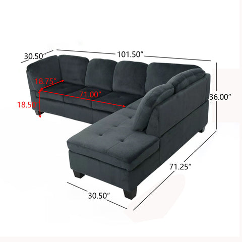Modern L Shaped Fabric Sectional Sofa With Tufted Detail - Charcoal