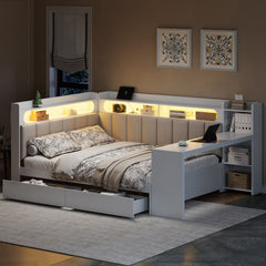 Daybed With Upholstered Headboard, Storage Shelves, Drawers, Charging Station, LED Light, And Adjustable Desk