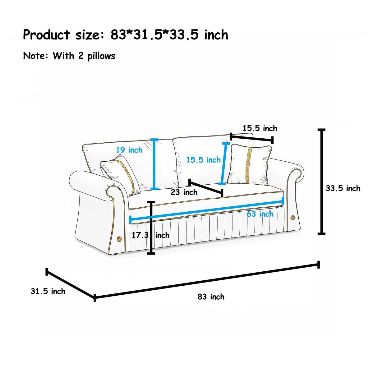 Sofa With Rolled Arms, 3 Seater Couch, Living Room Accent