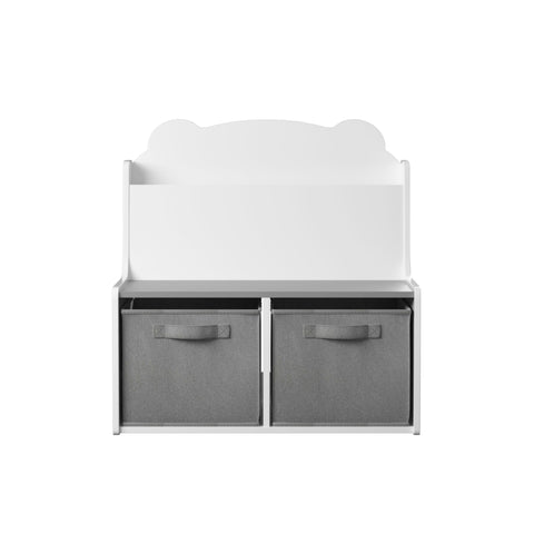 Bookshelf With Storage Bins, Bookcase With Book Display Shelf And 2 Bins, Cute Bear Shaped Backboard, Toy Organizer - White