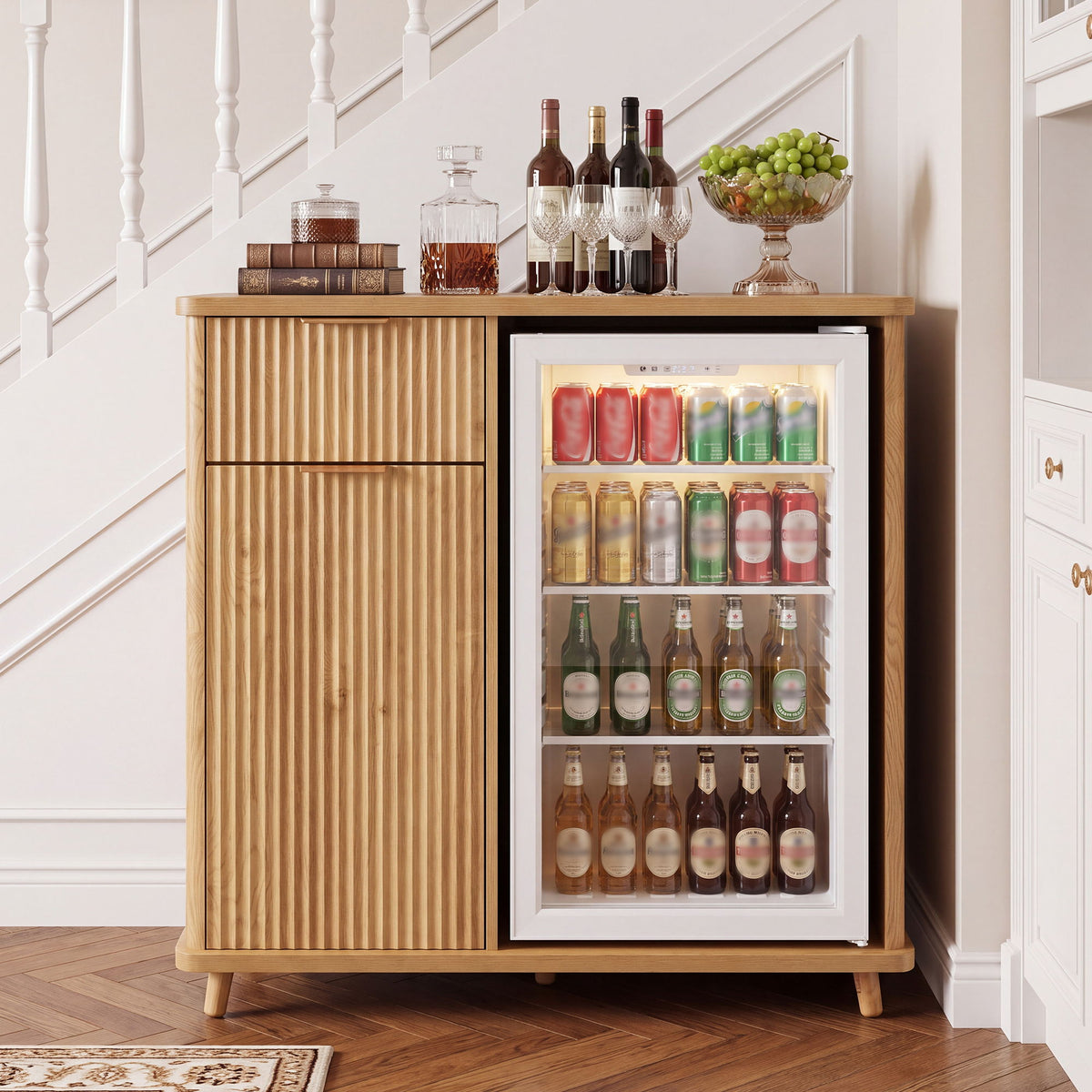 Fluted Coffee Bar Cabinet With Mini Fridge Space & Charging Station
