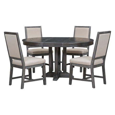 5 Piece Dining Set With Extendable Round Table And Upholstered Chairs